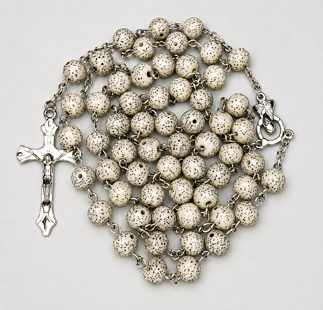 Ivory Textured Bead Rosary with Silver Crucifix