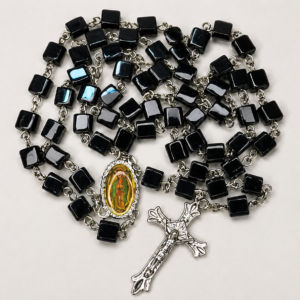 Black Cube Bead Rosary with Devotional Medallion and Ornate Crucifix
