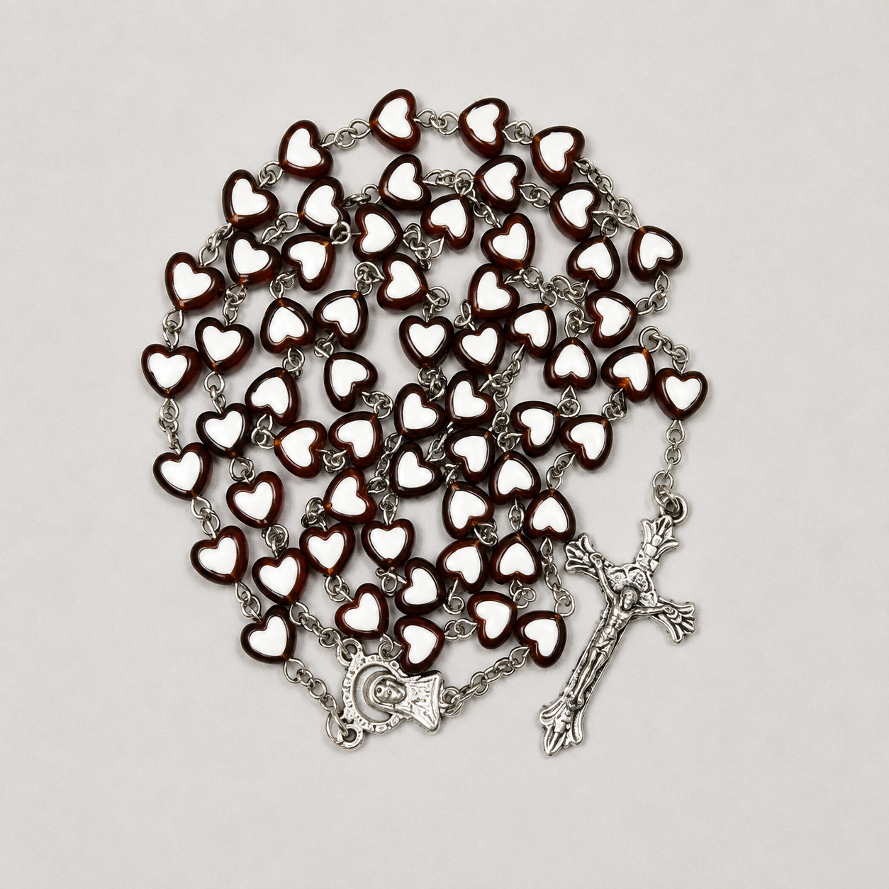 Brown Heart Rosary with Silver Crucifix