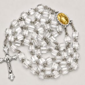 Clear Square Bead Rosary with Gold-Tone Medallion