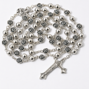 Silver Rose Bead Rosary with Crucifix