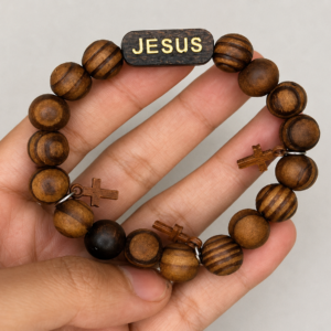 Wooden "Jesus" Beaded Bracelet with Cross Charms