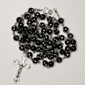 Black Beaded Rosary with Silver Crucifix and Marian Centerpiece