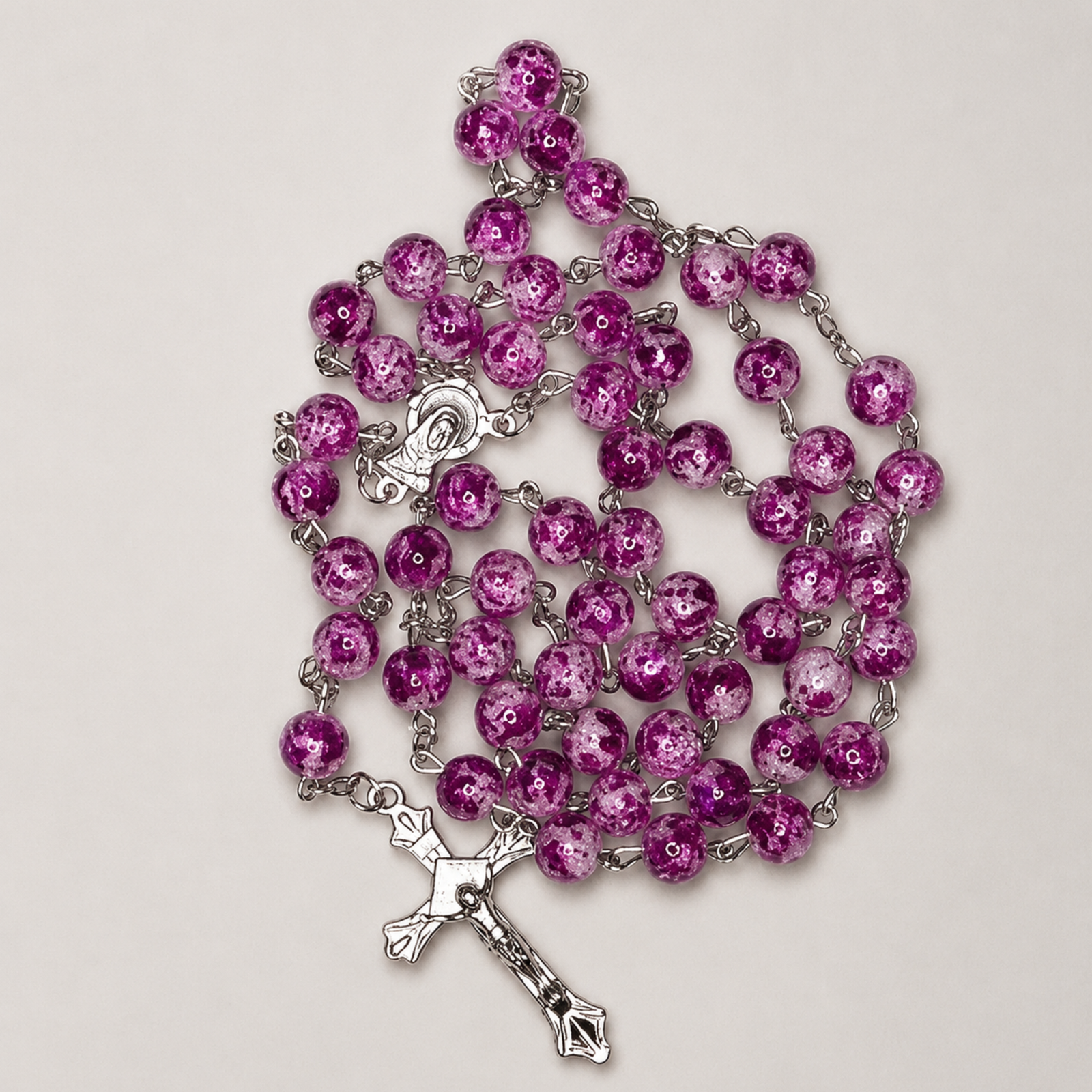 Purple Beaded Rosary with Silver Crucifix